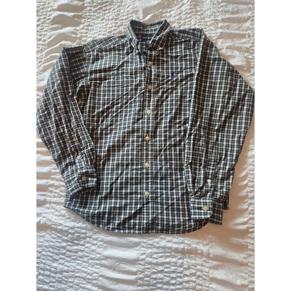 Ralph Lauren Kids Green Plaid Long Sleeve Button Down Shirt Size Medium M Cotton